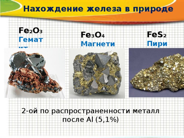 Нахождение железа в природе Fe 2 O 3 Гематит FeS 2 Пирит Fe 3 O 4 Магнетит 2-ой по распространенности металл после Al (5,1%) 