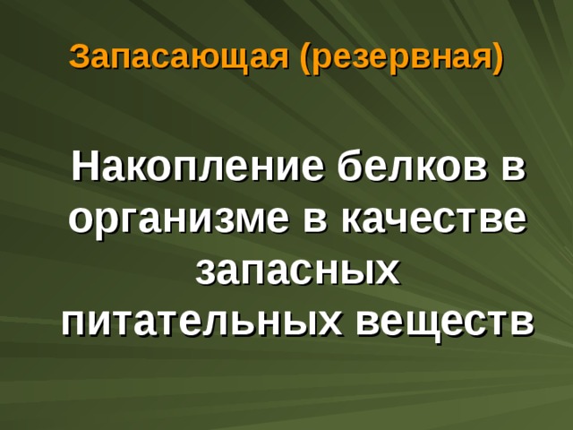 Запасающая (резервная)  Накопление белков в организме в качестве запасных питательных веществ 