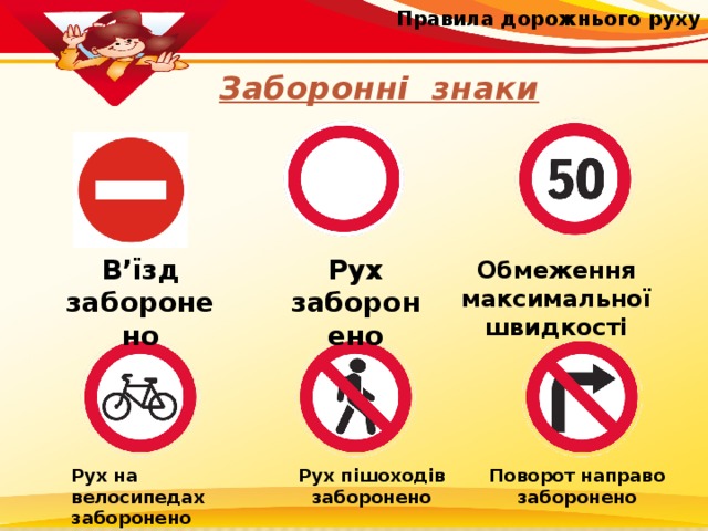 Правила дорожнього руху Заборонні знаки Рух заборонено В’їзд заборонено Обмеження максимальної швидкості Рух на велосипедах заборонено Рух пішоходів заборонено Поворот направо заборонено 