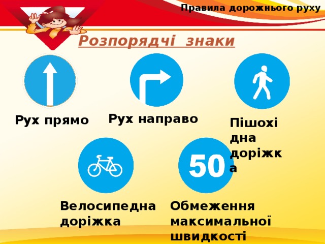 Правила дорожнього руху Розпорядчі знаки Рух направо Рух прямо Пішохідна доріжка Велосипедна Обмеження доріжка максимальної швидкості 