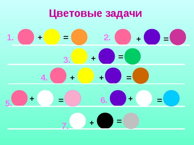 Цветовые задачи  = 1 . 2. + ? ? = + ? = + 3. ? = + 4. + + + ? ? = = 6. 5. ? = + 7. 
