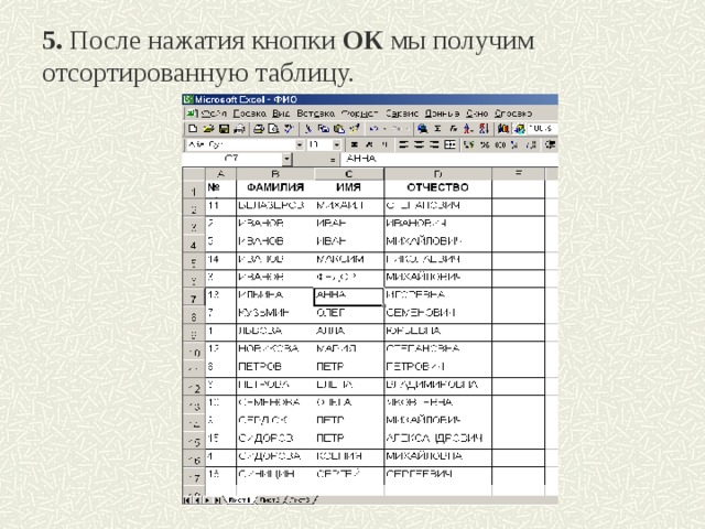 5. После нажатия кнопки ОК мы получим отсортированную таблицу.