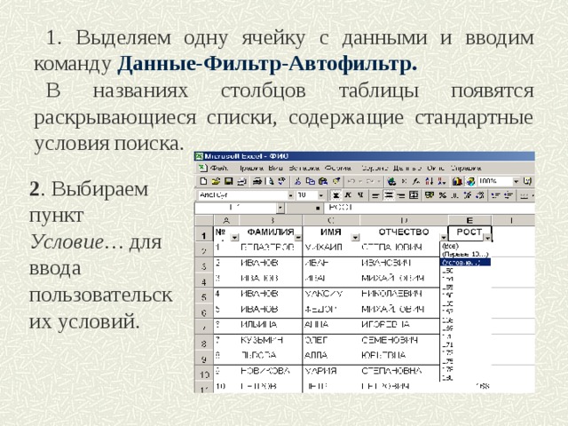 Выделяем одну ячейку с данными и вводим команду Данные-Фильтр-Автофильтр.