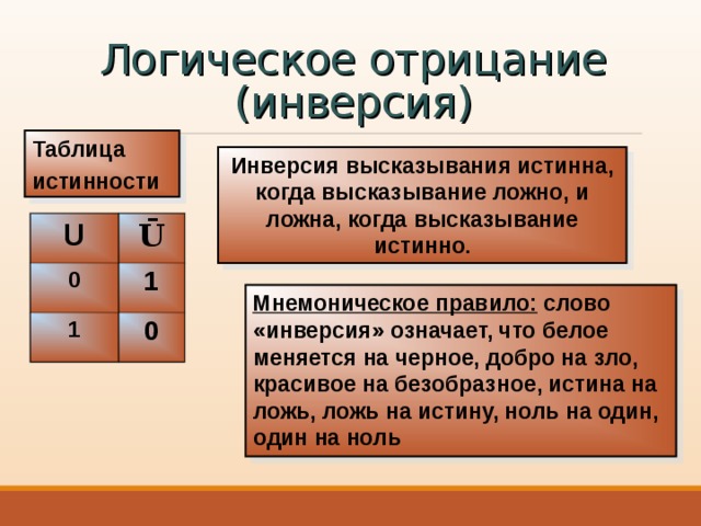 Логическое отрицание  (инверсия inverso – лат. переворачивание ) образуется из высказывания с помощью добавления частицы НЕ к сказуемому или использования оборота речи «неверно, что». Обозначение: НЕ U ;   U ;  Ū ; NOT U Высказывание  U Значение высказывания Я люблю петь Инверсия Ū 1 Значение инверсии Я НЕ люблю петь 0 