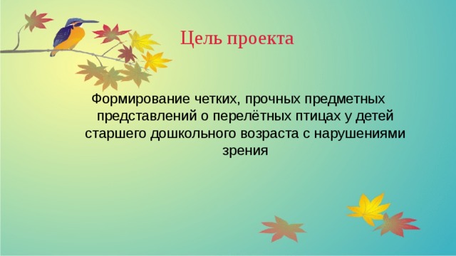 Цель проекта Формирование четких, прочных предметных представлений о перелётных птицах у детей старшего дошкольного возраста с нарушениями зрения 