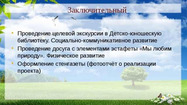 Заключительный Проведение целевой экскурсии в Детско-юношескую библиотеку. Социально-коммуникативное развитие Проведение досуга с элементами эстафеты «Мы любим природу». Физическое развитие Оформление стенгазеты (фотоотчёт о реализации проекта) 