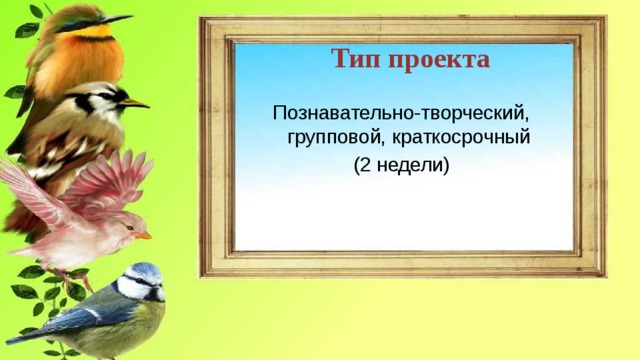 Тип проекта Познавательно-творческий, групповой, краткосрочный (2 недели) 