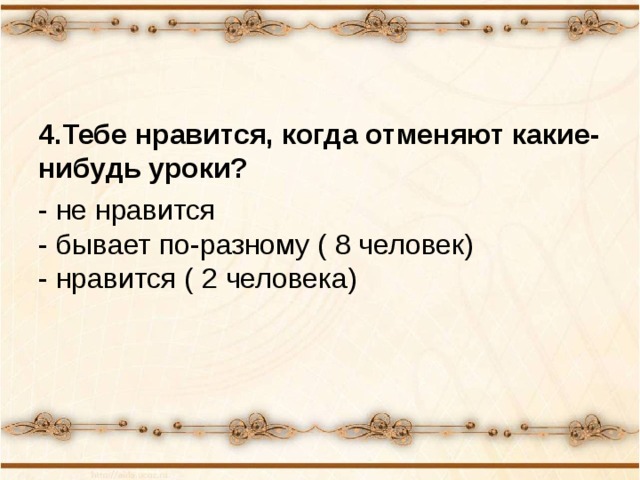 4.Тебе нравится, когда отменяют какие-нибудь уроки? - не нравится  - бывает по-разному ( 8 человек)  - нравится ( 2 человека) 