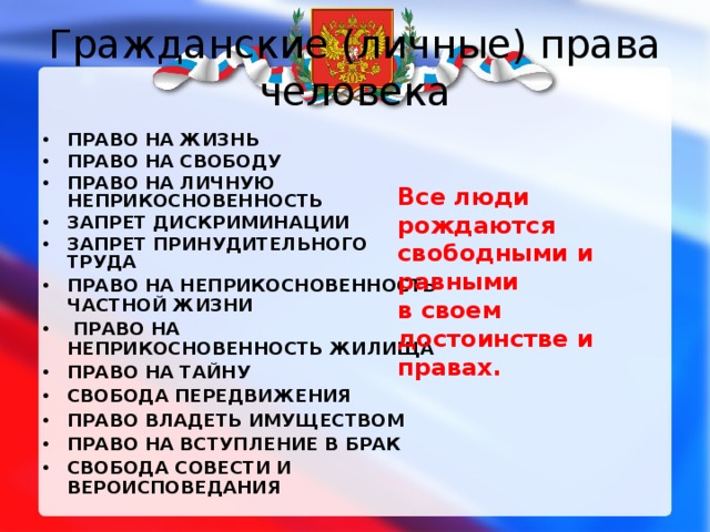 Гражданские (личные) права человека ПРАВО НА ЖИЗНЬ ПРАВО НА СВОБОДУ ПРАВО НА ЛИЧНУЮ НЕПРИКОСНОВЕННОСТЬ ЗАПРЕТ ДИСКРИМИНАЦИИ ЗАПРЕТ ПРИНУДИТЕЛЬНОГО ТРУДА ПРАВО НА НЕПРИКОСНОВЕННОСТЬ ЧАСТНОЙ ЖИЗНИ  ПРАВО НА НЕПРИКОСНОВЕННОСТЬ ЖИЛИЩА ПРАВО НА ТАЙНУ СВОБОДА ПЕРЕДВИЖЕНИЯ ПРАВО ВЛАДЕТЬ ИМУЩЕСТВОМ ПРАВО НА ВСТУПЛЕНИЕ В БРАК СВОБОДА СОВЕСТИ И ВЕРОИСПОВЕДАНИЯ  Все люди рождаются свободными и равными  в своем достоинстве и правах. 