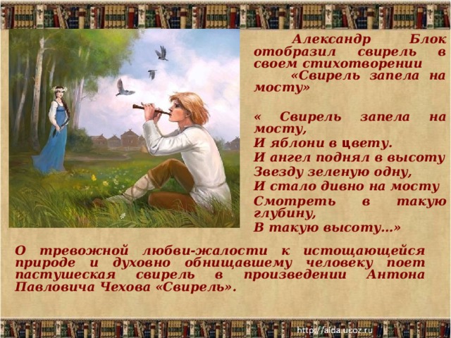  Александр Блок отобразил свирель в своем стихотворении «Свирель запела на мосту»  « Свирель запела на мосту, И яблони в ц вету. И ангел поднял в высоту Звезду зеленую одну, И стало дивно на мосту Смотреть в такую глубину, В такую высоту…» О тревожной любви-жалости к истощающейся природе и духовно обнищавшему человеку поет пастушеская свирель в произведении Антона Павловича Чехова «Свирель». 