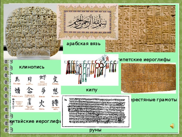 арабская вязь египетские иероглифы клинопись кипу берестяные грамоты китайские иероглифы руны 