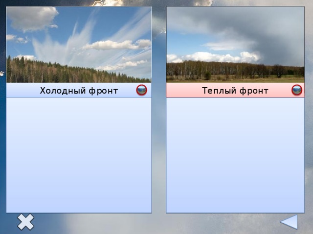 Холодный воздух подтекает под теплый. Возникают мощные кучевые облака. Прохождение фронта сопровождается резким шквалистым ветром, сильными ливнями, после которых устанавливается хорошая погода. Теплый фронт образуется при натекании теплых масс на холодные. Теплый фронт образует сплошную полосу облаков шириной сотни метров. Идут затяжные моросящие дожди, наступает потепление. Холодный фронт Теплый фронт