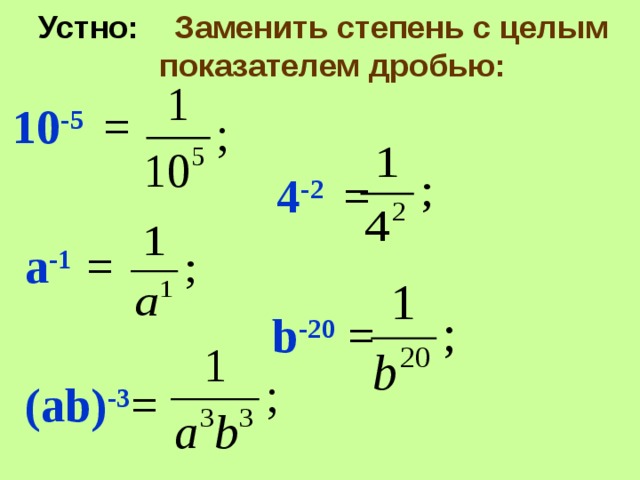 Устно: Заменить степень с целым показателем дробью: 10 -5  = 4 -2  =  а -1  = b -20  =  (а b ) -3 = 