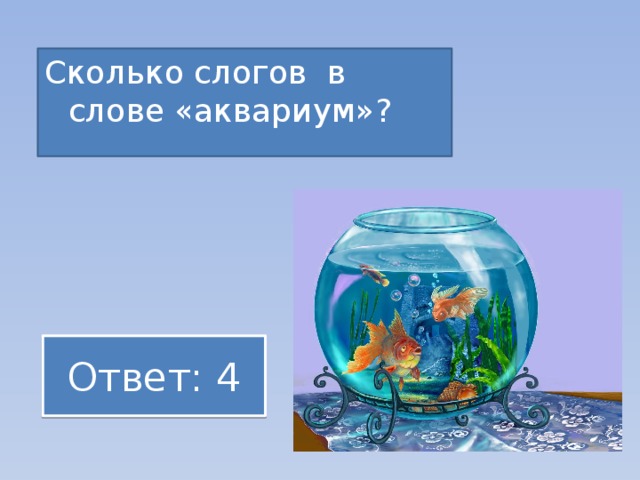 Сколько слогов  в слове «аквариум»? Ответ: 4
