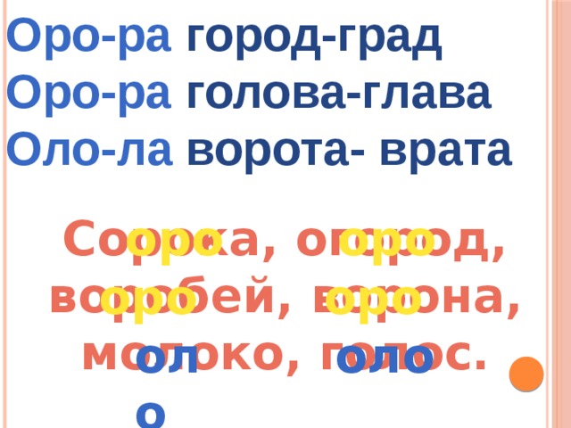 Слова с оро оло. Оро оло словарные слова. Оро оло правило. Оро оло правило 2 класс. Сочетание Оро.