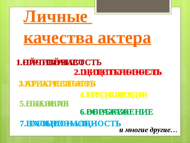 Личные  качества актера 1.ОЙЧИВОНАСТСТЬ 1.НАСТОЙЧИВОСТЬ 2.ОБЩИТЕЛЬНОСТЬ 2.ЩИТСТЬНООБЕЛЬ 3.АТИКРЕСТЬНОВ 3.КРЕАТИВНОСТЬ 4.ОЛТРБИЕУДЮ 4.ТРУДОЛЮБИЕ 5.НИЕОБАЯ 5.ОБАЯНИЕ 6.ОБРАЖВОЕНИЕ 6.ВООБРАЖЕНИЕ 7.НАЛЬНОЭМОЦИОСТЬ 7.ЭМОЦИОНАЛЬНОСТЬ и многие другие… 