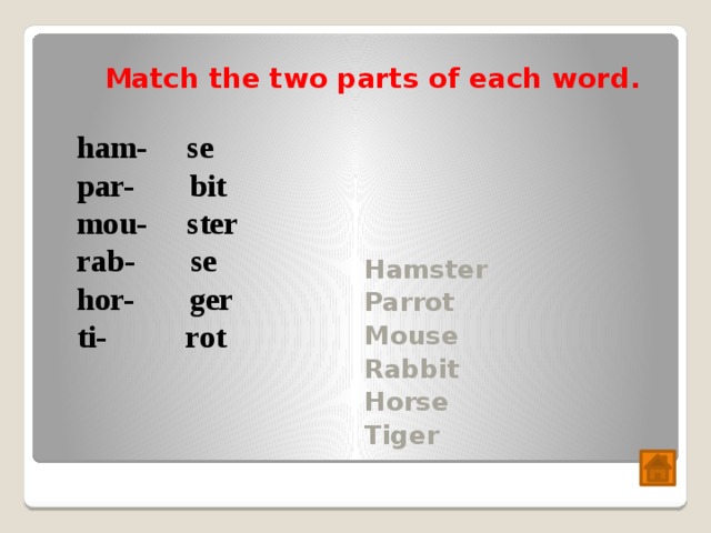 Match the two parts of each word. Hamster Parrot Mouse Rabbit Horse Tiger ham- se par- bit mou- ster rab- se hor- ger ti- rot 