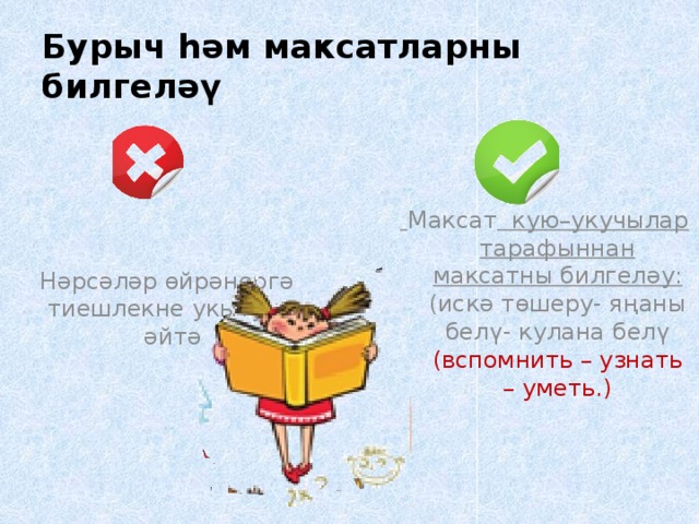 Бурыч һәм максатларны билгеләү  Максат кую–укучылар тарафыннан максатны билгеләу: (искә төшеру- яңаны белү- кулана белү (вспомнить – узнать – уметь.)  Нәрсәләр өйрәнергә тиешлекне укытучы әйтә 