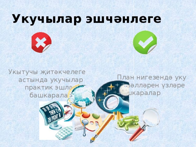 Укучылар эшчәнлеге  План нигезендә уку гамәлләрен үзләре башкаралар Укытучы җитәкчелеге астында укучылар практик эшләр башкаралар 