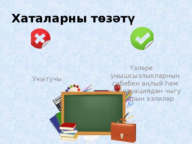 Хаталарны төзәтү  Укытучы Үзләре уңышсызлыкларның сәбәбен аңлый һәм ул ситуациядән чыгу юлларын эзлиләр 