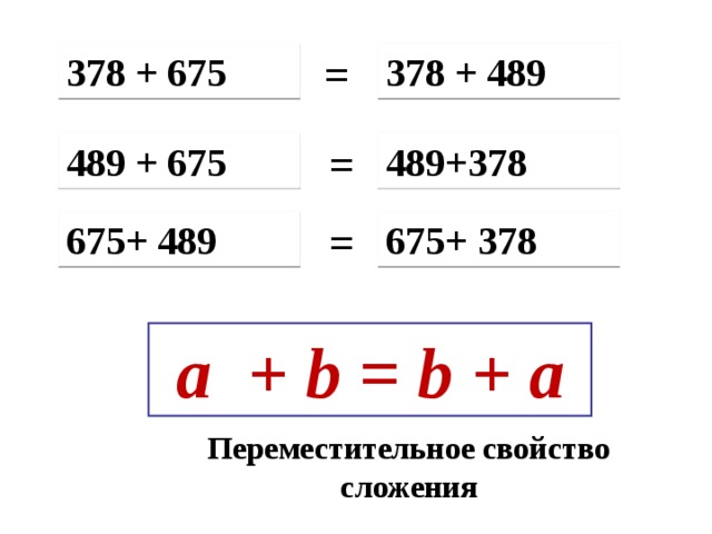 378 + 675 378 + 489 = 489+378 489 + 675 = 675+ 489 675+ 378 = a + b = b + a Переместительное свойство сложения