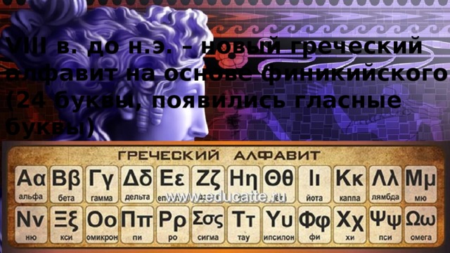 VIII в. до н.э. – новый греческий алфавит на основе финикийского (24 буквы, появились гласные буквы) 