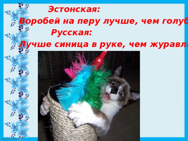  Эстонская: Воробей на перу лучше, чем голубь на крыше.  Русская: Лучше синица в руке, чем журавль в небе. 