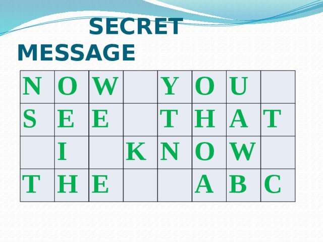  SECRET MESSAGE N O S E W I T E H Y T O E K H U N A O T A W B C 