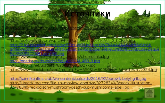 Источники  http://img1.liveinternet.ru/images/attach/c/10/109/943/109943283_97436_html_m693a74f3.jpg  http://ds49.nevinsk.ru/wp-content/uploads/2016/10/A4_G_KOR_1.jpg  http://2.bp.blogspot.com/-cgwt5ZznWMI/UeXkimXlWZI/AAAAAAAAIHs/wNmVeqhYerk/s1600/Descargar+Pack+Gratis+Wallpaper+Ni%C3%83%C2%B1os+peque%C3%83%C2%B1os+(96).jpg http://www.eda-eda.info/gribi_spr_files/chernushka.jpg  http://ndetka.ru/thumb/H15gO4cK9CM_480_3.jpg http://900igr.net/up/datai/82008/0031-027-.jpg  http://www.zooclub.ru/skat/img.php?w=650&h=600&img=./attach/sim/2324.jpg  http://sonnikonline.club/wp-content/uploads/2016/02/borovik-belyj-grib.jpg http://i.istockimg.com/file_thumbview_approve/32728340/3/stock-illustration-32728340-red-poison-mushroom-death-cup-mushrooms-label.jpg  