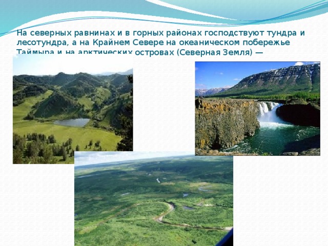 На северных равнинах и в горных районах господствуют тундра и лесотундра, а на Крайнем Севере на океаническом побережье Таймыра и на арктических островах (Северная Земля) — арктические пустыни. 