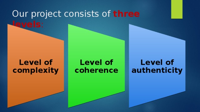 Level of complexity Level of coherence Level of authenticity Our project consists of three levels : 