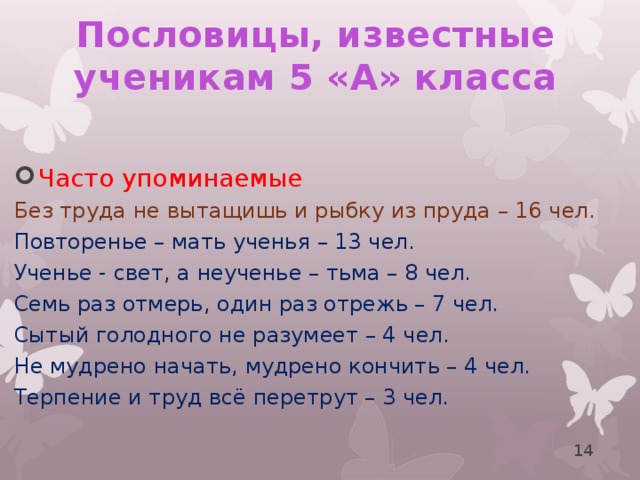 Пословицы, известные ученикам 5 «А» класса   Часто упоминаемые Без труда не вытащишь и рыбку из пруда – 16 чел. Повторенье – мать ученья – 13 чел. Ученье - свет, а неученье – тьма – 8 чел. Семь раз отмерь, один раз отрежь – 7 чел. Сытый голодного не разумеет – 4 чел. Не мудрено начать, мудрено кончить – 4 чел. Терпение и труд всё перетрут – 3 чел.  