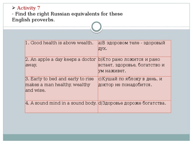  Activity 7 - Find the right Russian equivalents for these English proverbs. 1. Good health is above wealth. a)В здоровом теле - здоровый дух. 2. An apple a day keeps a doctor away. b)Кто рано ложится и рано встает, здоровье, богатство и ум наживет. 3. Early to bed and early to rise makes a man healthy, wealthy and wise. c)Кушай по яблоку в день, и доктор не понадобится. 4. A sound mind in a sound body. d)Здоровье дороже богатства. 