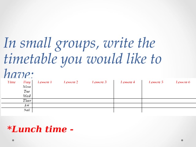 In small groups, write the timetable you would like to have: *Lunch time - 