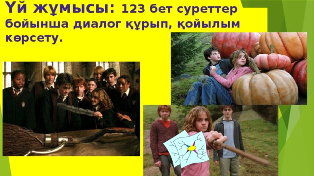 Үй жұмысы: 123 бет суреттер бойынша диалог құрып, қойылым көрсету. 