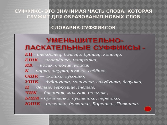 Суффикс- это значимая часть слова, которая служит для образования новых слов   Словарик суффиксов 