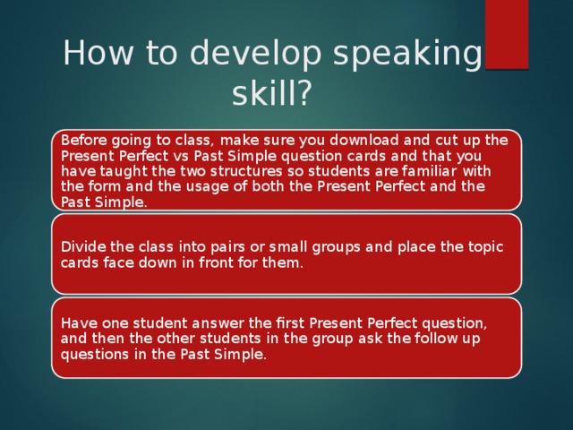 How to develop speaking skill? Before going to class, make sure you download and cut up the Present Perfect vs Past Simple question cards and that you have taught the two structures so students are familiar with the form and the usage of both the Present Perfect and the Past Simple. Divide the class into pairs or small groups and place the topic cards face down in front for them. Have one student answer the first Present Perfect question, and then the other students in the group ask the follow up questions in the Past Simple. 