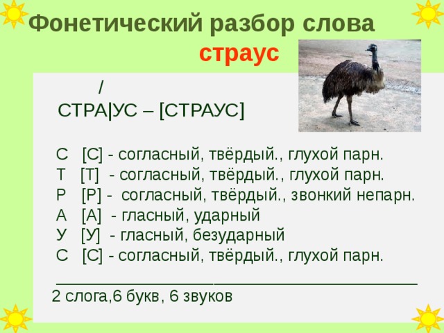 Фонетический разбор слова страус  /  СТРА | УС – [C ТРАУС ]  С [ С ] - согласный, твёрдый., глухой парн.  Т [ Т ] - согласный, твёрдый., глухой парн.  Р [ Р ] - согласный, твёрдый., звонкий непарн.  А [ А ] - гласный, ударный  У [ У ] - гласный, безударный  С [ С ] - согласный, твёрдый., глухой парн.  _______________________________________  2 слога,6 букв, 6 звуков 