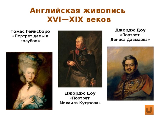 Английская живопись  XVI—XIX веков Джордж Доу «Портрет Дениса Давыдова» Томас Гейнсборо «Портрет дамы в голубом» Джордж Доу «Портрет Михаила Кутузова» 