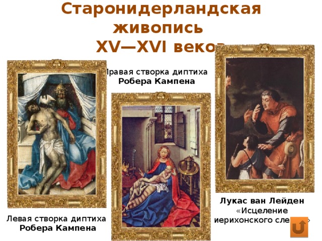 Старонидерландская живопись  XV—XVI веков Правая створка диптиха Робера Кампена Лукас ван Лейден «Исцеление иерихонского слепца» Левая створка диптиха Робера Кампена 