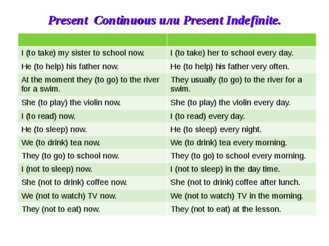 Present  Continuo u s или Present Indefinite . I (to take) my sister to school now. I (to take) her to school every day. He (to help) his father now. He (to help) his father very often. At the moment they (to go) to the river for a swim. They usually (to go) to the river for a swim. She (to play) the violin now. I (to read) now. She (to play) the violin every day. I (to read) every day. He (to sleep) now. He (to sleep) every night. We (to drink) tea now. We (to drink) tea every morning. They (to go) to school now. They (to go) to school every morning. I (not to sleep) now. I (not to sleep) in the day time. She (not to drink) coffee now. She (not to drink) coffee after lunch. We (not to watch) TV now. We (not to watch) TV in the morning. They (not to eat) now. They (not to eat) at the lesson. 