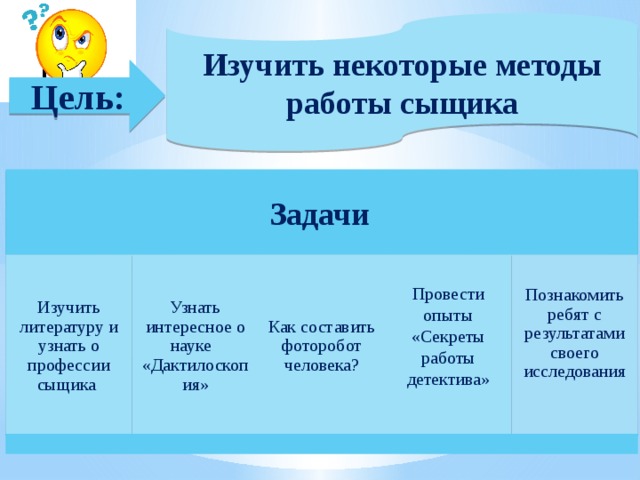 Изучить некоторые методы работы сыщика Цель: Задачи  Изучить литературу и узнать о профессии сыщика Узнать интересное о науке «Дактилоскопия» Как составить фоторобот человека? Провести опыты «Секреты работы детектива» Познакомить ребят с результатами своего исследования