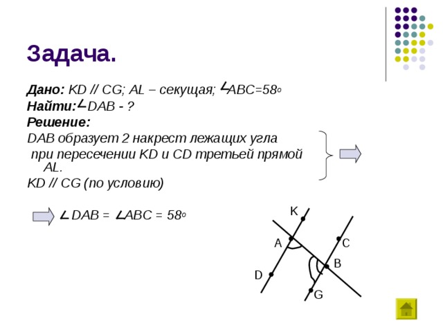 Дано: KD // CG ; AL – секущая; ABC=58 о Найти:  DAB - ? Решение: DAB образует 2 накрест лежащих угла  при пересечении KD и CD третьей прямой AL . KD // CG (по условию)   DAB = ABC = 58 о K A C B D G 