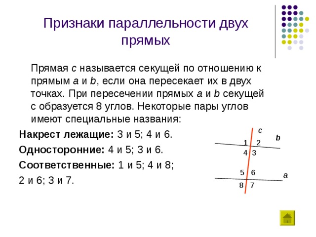 Признаки параллельности двух прямых  Прямая с называется секущей по отношению к прямым a  и b , если она пересекает их в двух точках. При пересечении прямых a  и b  секущей c образуется 8 углов. Некоторые пары углов имеют специальные названия: Накрест лежащие: 3 и 5; 4 и 6. Односторонние: 4 и 5; 3 и 6. Соответственные: 1 и 5; 4 и 8; 2 и 6; 3 и 7. c b b 1 2 4 3  5 6 a  8 7 