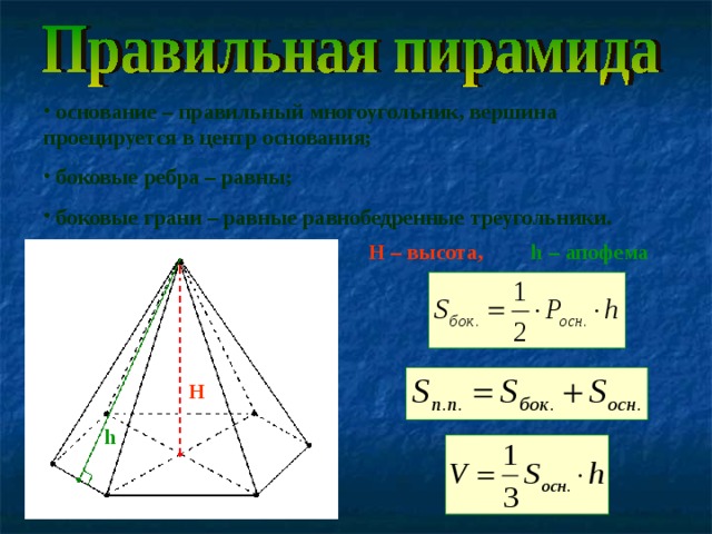 основание – правильный многоугольник, вершина проецируется в центр основания;  боковые ребра – равны;  боковые грани – равные равнобедренные треугольники. H – высота, h – апофема  H h 