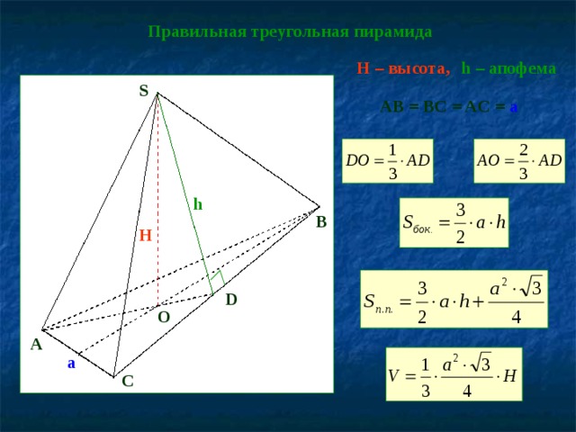 Правильная треугольная пирамида h – апофема  H – высота, S AB = BC = AC = a h B H D O A a C 