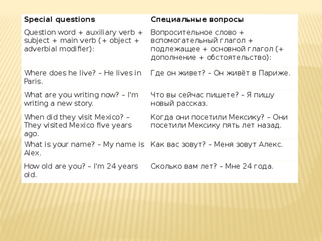 Special questions Специальные вопросы Question word + auxiliary verb + subject + main verb (+ object + adverbial modifier): Вопросительное слово + вспомогательный глагол + подлежащее + основной глагол (+ дополнение + обстоятельство): Where does he live? – He lives in Paris. Где он живет? – Он живёт в Париже. What are you writing now? – I'm writing a new story. Что вы сейчас пишете? – Я пишу новый рассказ. When did they visit Mexico? – They visited Mexico five years ago. Когда они посетили Мексику? – Они посетили Мексику пять лет назад. What is your name? – My name is Alex. Как вас зовут? – Меня зовут Алекс. How old are you? – I'm 24 years old. Сколько вам лет? – Мне 24 года. 