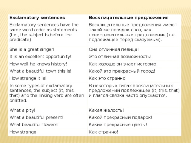 Exclamatory sentences Восклицательные предложения Exclamatory sentences have the same word order as statements (i.e., the subject is before the predicate). Восклицательные предложения имеют такой же порядок слов, как повествовательные предложения (т.е. подлежащее перед сказуемым). She is a great singer! Она отличная певица! It is an excellent opportunity! Это отличная возможность! How well he knows history! Как хорошо он знает историю! What a beautiful town this is! How strange it is! Какой это прекрасный город! Как это странно! In some types of exclamatory sentences, the subject (it, this, that) and the linking verb are often omitted. В некоторых типах восклицательных предложений подлежащее (it, this, that) и глагол-связка часто опускаются. What a pity! Какая жалость! What a beautiful present! Какой прекрасный подарок! What beautiful flowers! Какие прекрасные цветы! How strange! Как странно! 