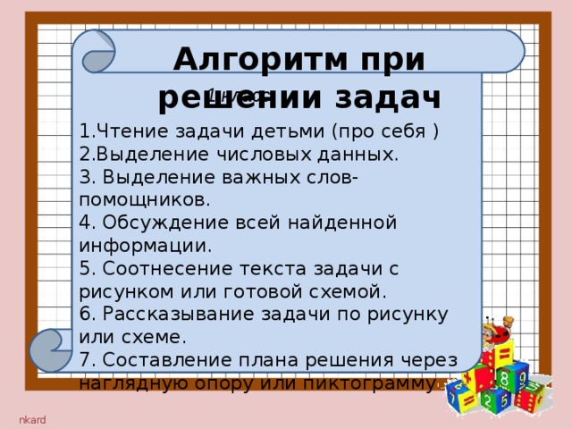 План работы над задачей 1 класс опорные слова