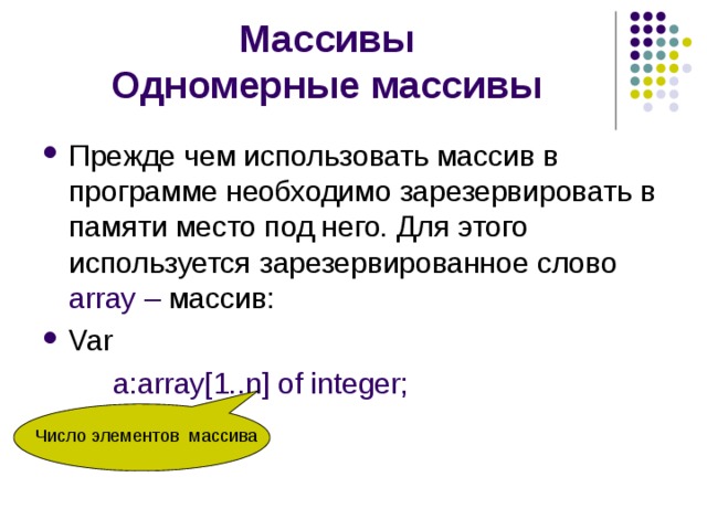 Массивы  Одномерные массивы Прежде чем использовать массив в программе необходимо зарезервировать в памяти место под него. Для этого используется зарезервированное слово array – массив: Var   a:array[1..n] of integer; Число элементов массива 